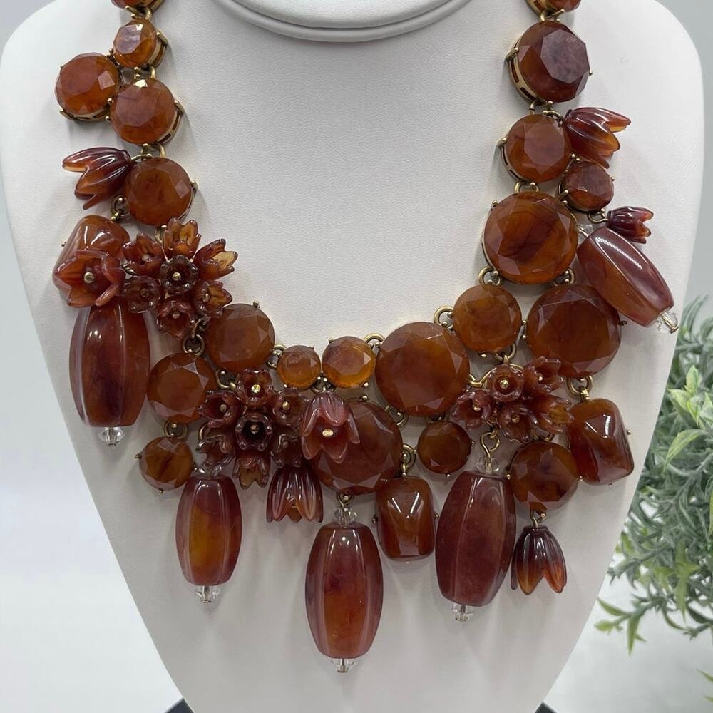 J. CREW Vintage Amber‎ Brown Lucite Asymmetric Crystal Collar Bib Necklace